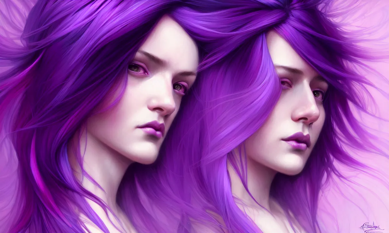 Prompt: Purple hair relistic Portrait of a three woman with bright colored flying hair, all shades of purple. Beauty face, Hair coloring, fantasy, intricate, elegant, highly detailed, digital painting, artstation, concept art, smooth, sharp focus, illustration, art by artgerm and greg rutkowski and alphonse mucha