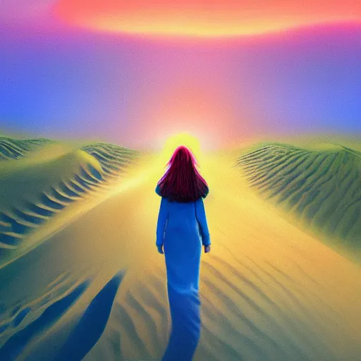 Image similar to closeup giant dahlia flower as a head, a girl walking between dunes, surreal photography, sunrise, blue sky, dramatic light, impressionist painting, digital painting, artstation, simon stalenhag