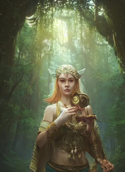 Image similar to Beautiful art portrait of a female fantasy priestess in a bright temple surrounded by lush forest, atmospheric lighting, intricate detail, cgsociety, hyperrealistic, octane render, RPG portrait, ambient light, dynamic lighting