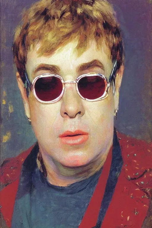 Prompt: Portrait of Elton John in 1970 by Ilya Repin