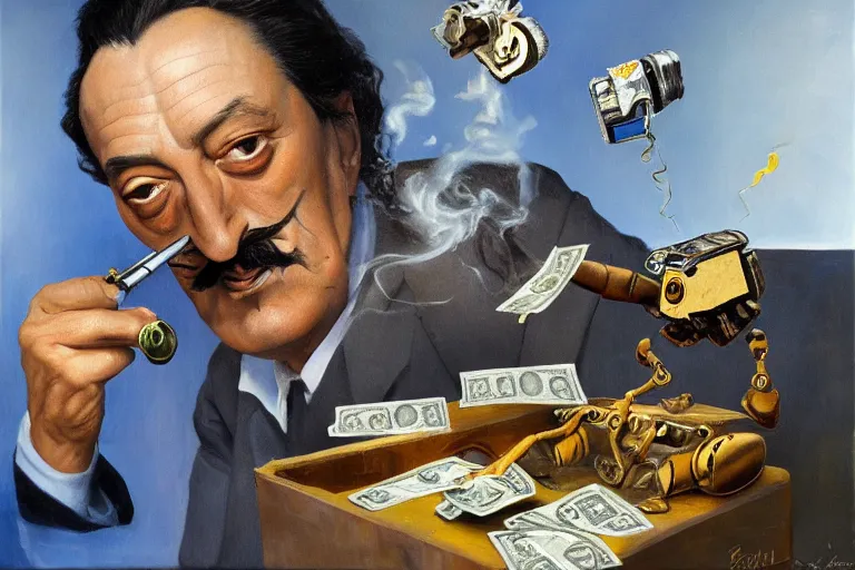 Prompt: Salvador Dali and WALL-E smoking cigars, counting money and holding keys, oil on canvas, artstation, portrait, masterpiece, aesthetic