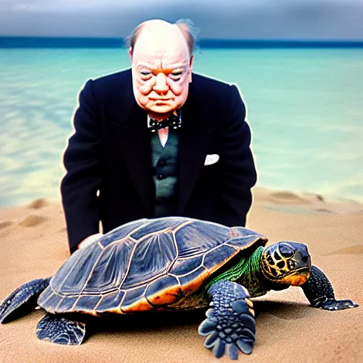 Prompt: An astonished agape Winston Churchill discovers the first turtle ever in Galapagos, national geographic, BBC, XF IQ4, f/2.5, ISO 200, 1/160s, 8K, RAW, unedited, face retouched, AI enhanced