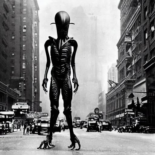 Image similar to old black and white photo, 1 9 1 3, depicting a xenomorph from the movie aliens rampaging through the bustling streets of new york city, historical record