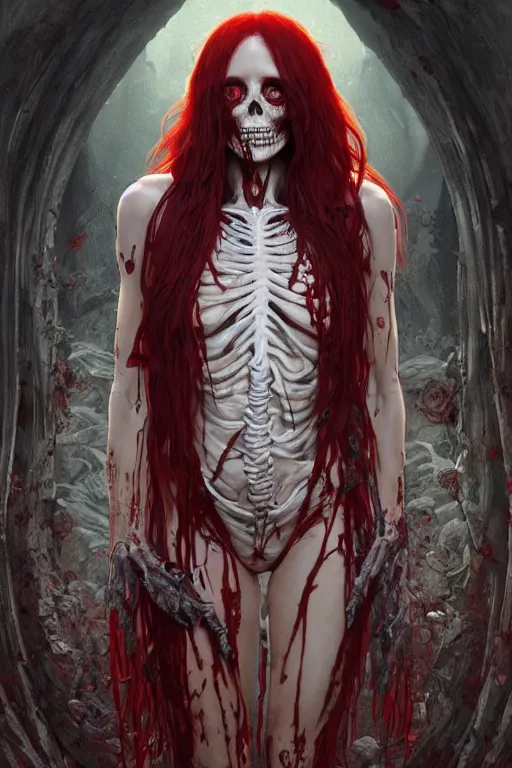 Image similar to woman skeleton covered with blood, long red hair, ultra realistic, concept art, intricate details, highly detailed, photorealistic, octane render, 8 k, unreal engine. art by artgerm and greg rutkowski and alphonse mucha