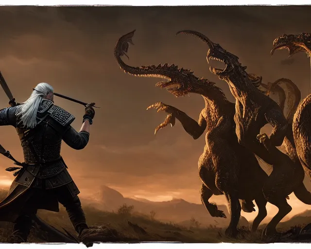 Image similar to 5 5 mm portrait photo of geralt fighting a 5 headed hydra. magical atmosphere. art by greg rutkowski. highly detailed 8 k. intricate. lifelike. soft light. nikon d 8 5 0.