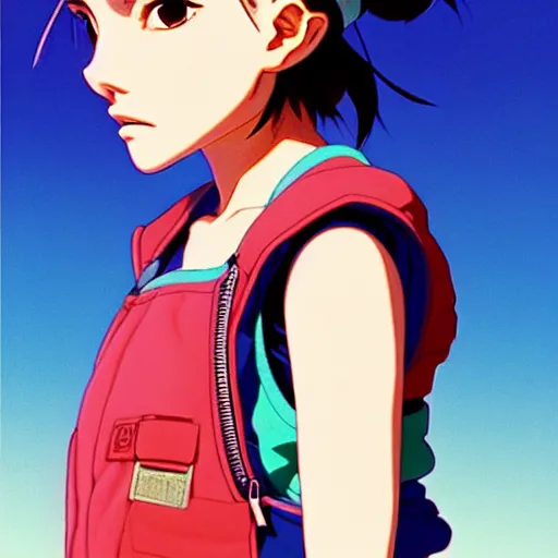 Image similar to a beautiful! boyish! natalie portman alluring gravure! model, wearing oversized mayan bomber jacket and leotard with overalls, bulky poofy bomber jacket with mayan patterns, aztec street fashion, gapmoe yandere grimdark, trending on pixiv, painted by greg rutkowski makoto shinkai takashi takeuchi studio ghibli