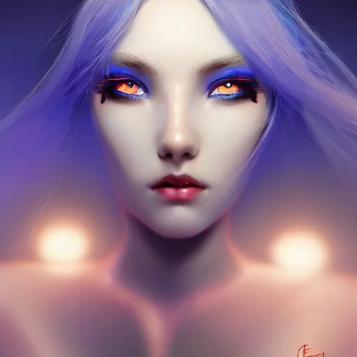 Prompt: perfectly - centered close - up face - portrait of blue - haired goddess with glowing - red - eyes, the perfect human female specimen, intricate, elegant, super highly detailed, professional digital painting, artstation, concept art, smooth, sharp focus, no blur, no dof, extreme illustration, unreal engine 5, 8 k, by anne stokes