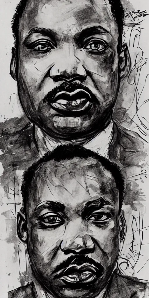 Prompt: a loose wild messy ink sketch portrait of Martin Luther king in the style of ralph steadman, caricature, dramatic