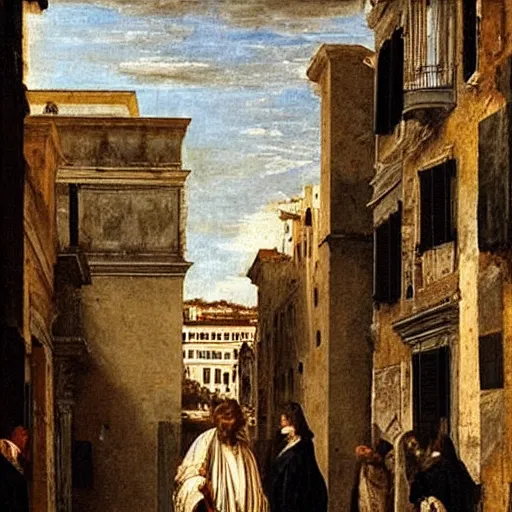 Image similar to guy with white hoodie walking in the music in genoa. painting by veronese