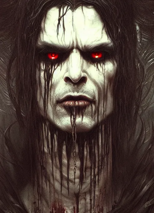 Image similar to portrait of a ancient bloodthirsty vampire man revenant with long tangles of black hair, eerie glowing eyes, gothic fog ambience, hyper realistic head, fantasy art, in the style of greg rutkowski, zdizslaw beksinski, intricate, alphonse mucha, hyper detailed, smooth
