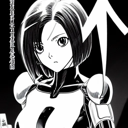 Image similar to alita by yukito kishiro. medium shot. black and white manga.