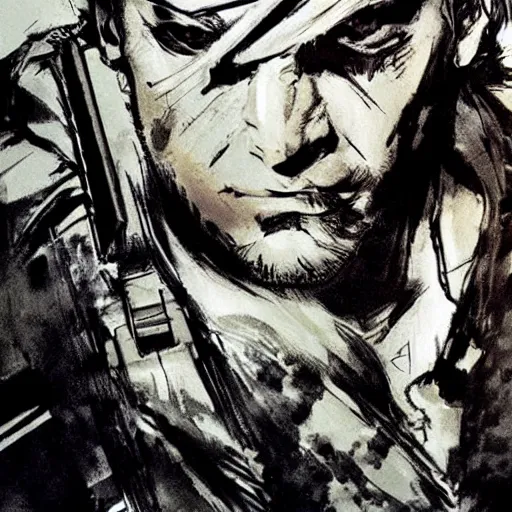 Image similar to solid snake fighting!!!!!! sam!!!!!! fisher!!!!!! by yoji shinkawa, concept art