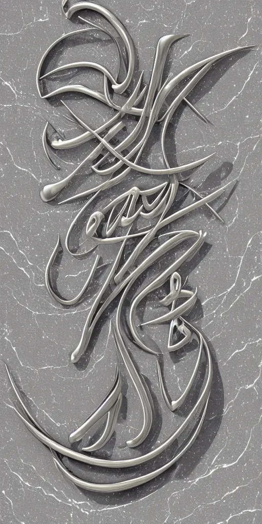 Image similar to a photorealistic render of a 3 d arabic calligraphy, made of liquid metal and marble, cinema 4 d, by zhelong xu, gakkin and ernst haeckel, hyper realistic, plain background, 8 k, volumetric lightning, trending on artstation