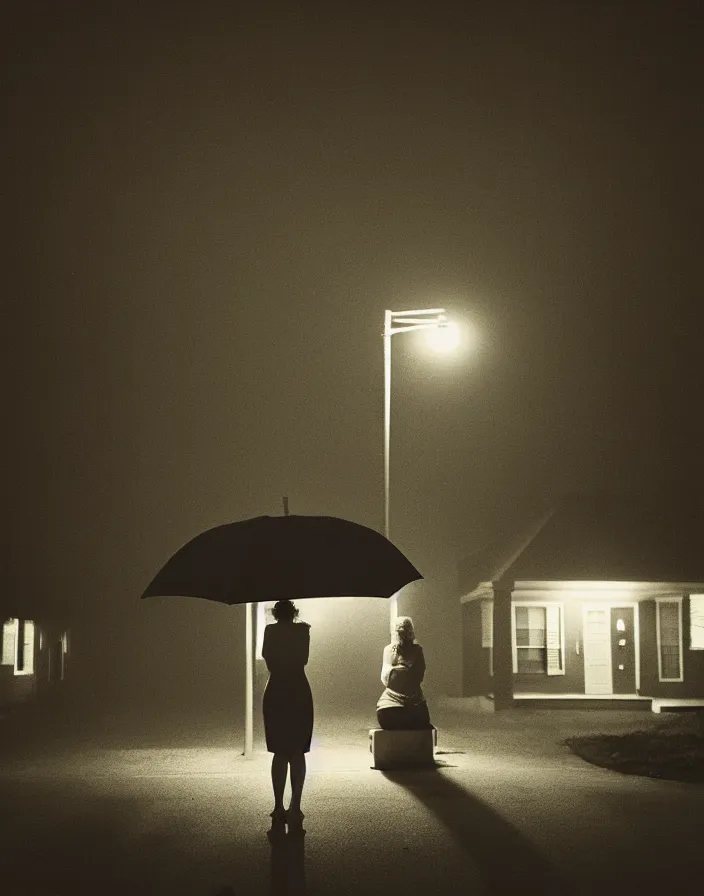 Image similar to “ quiet american neighborhood at night, a woman waiting with a black umbrella, photography in the style of gregory crewdson, mist, rule of thirds ”