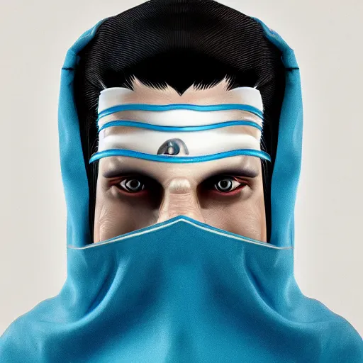 Image similar to a highly detailed, portrait of a man with black hair with a black medical mask, in a hood in the form of a blue shark with white teeth, artstation, DeviantArt, epic, professional, octane render, digital art