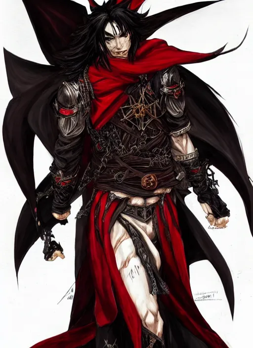 Image similar to Half body portrait of a handsome elf fire mage with long black hair wearing ornate scarlet robe, crazy grin, flame, anarchy. In style of Yoji Shinkawa and Hyung-tae Kim, trending on ArtStation, dark fantasy, great composition, concept art, highly detailed, dynamic pose.