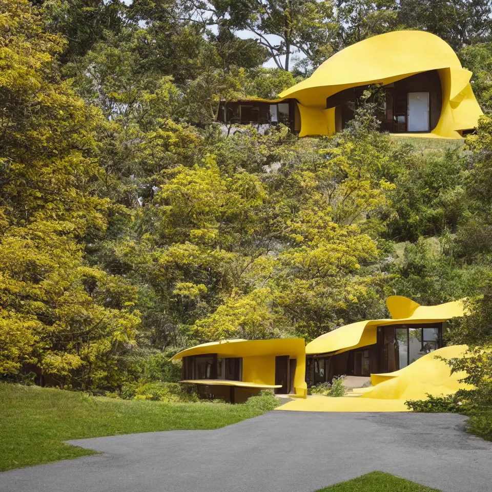 Image similar to a flat leveled bungalow designed by Frank Gehry. Tiles. Gravel driveway. Film grain, cinematic, yellow hue