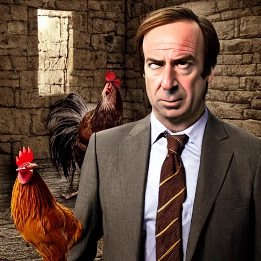 Prompt: saul goodman and a rooster in a medieval torture chamber, saw blades and knives in the background, horror movie, saul goodman!, rooster!!!!, real life photo, highly detailed face