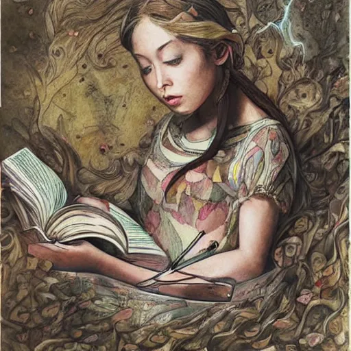 Image similar to full body pose, mixed media painting of a girl reading a book, extremely hyper - detailed, intricate, epic composition, very detailed, masterpiece, stunning,