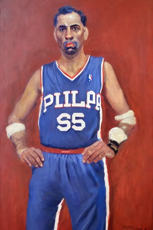 Image similar to full body portrait of the dictator of the philadelphia 7 6 ers, 1 9 5 5, in full military garb, oil on canvas by william sidney mount, trending on artstation