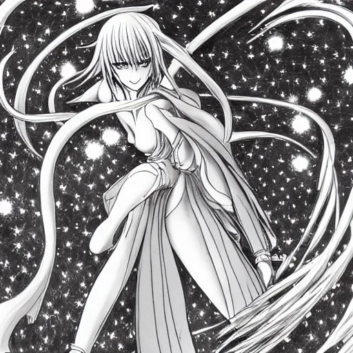 Prompt: it's an anime drawing by takeshi obata, it depicts a woman, lithe and graceful, leaping through the air, with a dozen swords, spinning, flying, and exploding all around her. in the background, the night sky is dark, filled with stars, and the moon is out, shining bright.