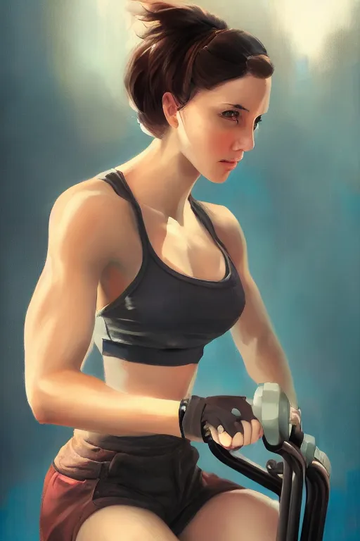 Image similar to a portrait of a cute female gym instructor, dieselpunk setting, vivid colors, soft lighting, atmospheric, cinematic, moody, in the style of artgerm and greg rutkowski, oil on canvas, 8 k