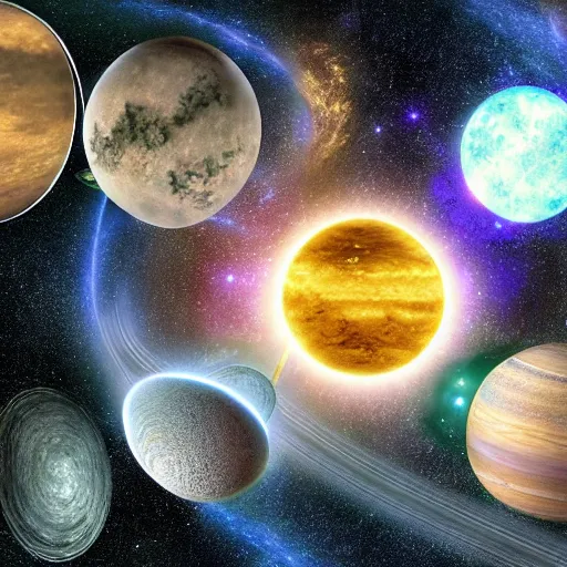 Image similar to 4 k ultra detailed fantasy art photo of the solar system blended into an ai award winning picture that is the best of the best