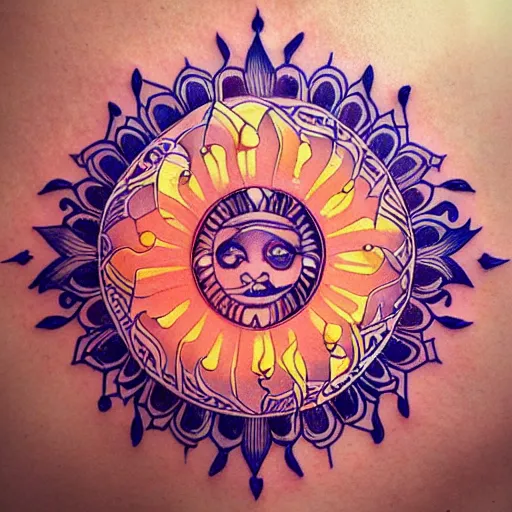 Prompt: a sun and moon mandala, tattoo style, color restoration, orange purples reds, glowing, double exposure, high quality ink