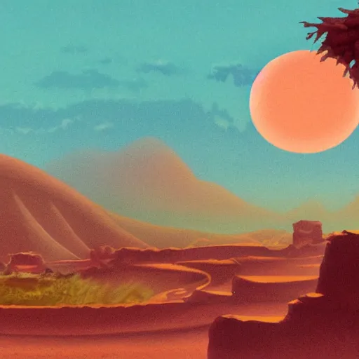 Image similar to desert scene, red sun, fantasy art, illustration, animated film, by studio ghibli