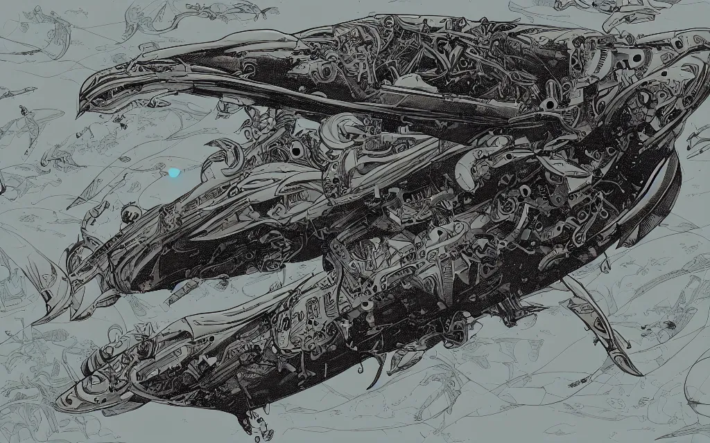 Image similar to biomechanical flying whale, in the style of james jean and laurie greasley, dynamic composition, dramatic lighting, ultra detailed, nitro colors