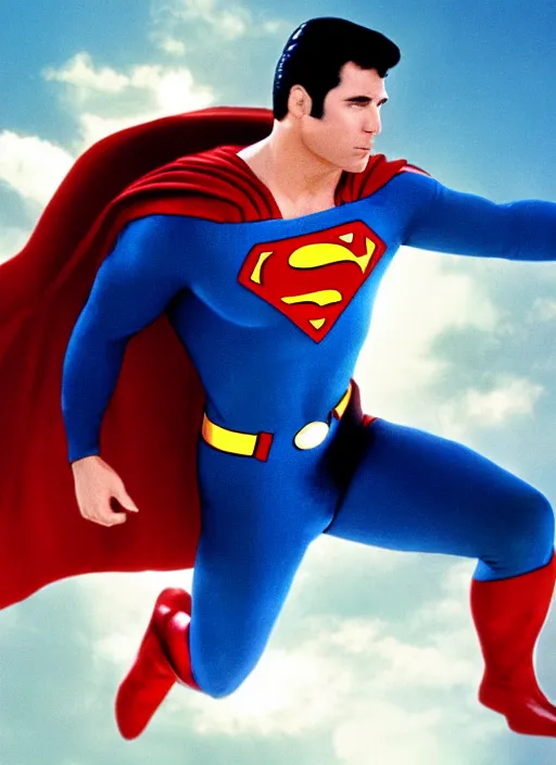 Image similar to film still of john travolta as superman in superman, 4 k