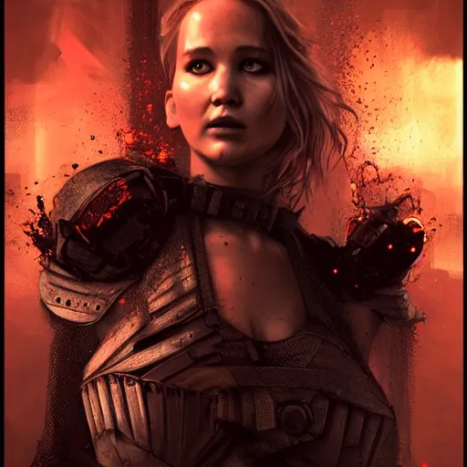 Prompt: jennifer lawrence portrait, dystopia core, apocalyptic, armor, warrior, dramatic, sharp focus, fiction, neon, fantasy, hyper detailed, digital art, trending in artstation, cinematic lighting, studio quality, smooth render, unreal engine 5 rendered, octane rendered, art style and nixeu and wlop and krenz cushart