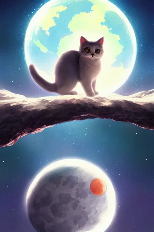 Image similar to Kawaii Cat on the moon with a view of the earth in the background, elegant, digital painting, highly detailed, artstation, concept art, smooth, sharp focus, illustration, art by artgerm and greg rutkowski.