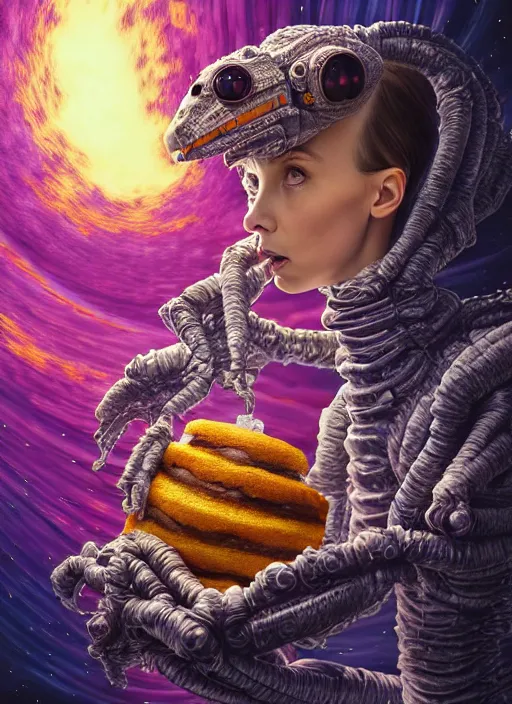 Prompt: hyper detailed 3d render of like a chiaroscuro oil painting - kawaii portrait inside spaceship (an astronaut queen with advanced suit like a robot skeksis from dark crystal that looks like millie bobby brown and Krysten Ritter) seen Eating of the Strangling network of yellowcake aerochrome and milky Fruit and His delicate Hands hold of gossamer polyp cenobite bring iridescent fungal flowers whose spores black the foolish stars by Jacek Yerka, Ilya Kuvshinov, Mariusz Lewandowski, Houdini algorithmic generative render, Abstract brush strokes, Masterpiece, Edward Hopper and James Gilleard, Zdzislaw Beksinski, Mark Ryden, Wolfgang Lettl, hints of Yayoi Kasuma, octane render, 8k