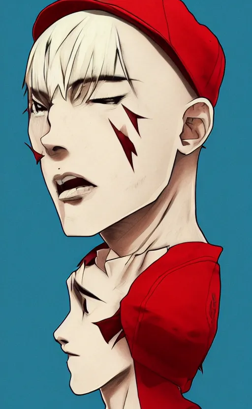 Image similar to rapper short man, anime style, Big red hat, short hair, spikey hair, symmetrical facial features, hiphop era, hyper-realistic, pale skin, 4k, blue hair, extreme detail, detailed drawing, trending artstation, hd, Friday night funkin, hiphop aesthetic, realistic lighting, by Alphonse Mucha, Greg Rutkowski, sharp focus, backlit, fnf boyfriend clothing