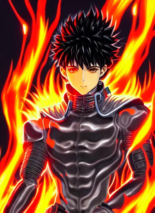 Image similar to a detailed manga full body portrait illustration of a dark haired cyborg anime man surrounded by fire by hirohiko araki, detailed artwork, realism, 4 k resolution, detailed, high quality, sharp focus, hq artwork, insane detail, volumetric lighting, character concept art, fine details, clear subject, central subject