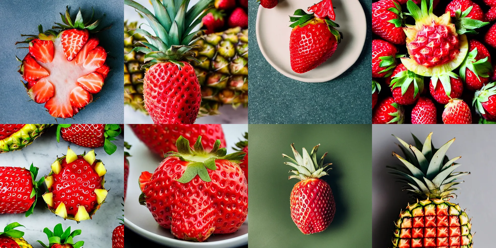 Prompt: closeup of a strawberry in the shape of a pineapple, food photography