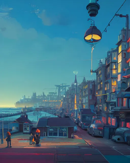 Image similar to painting of brighton, england, detailed, by simon stalenhag, cory loftis, james gilleard, atey ghailan, makoto shinkai, goro fujita, studio ghibli, rim light, exquisite lighting, clear focus, very coherent, plain background, soft painting