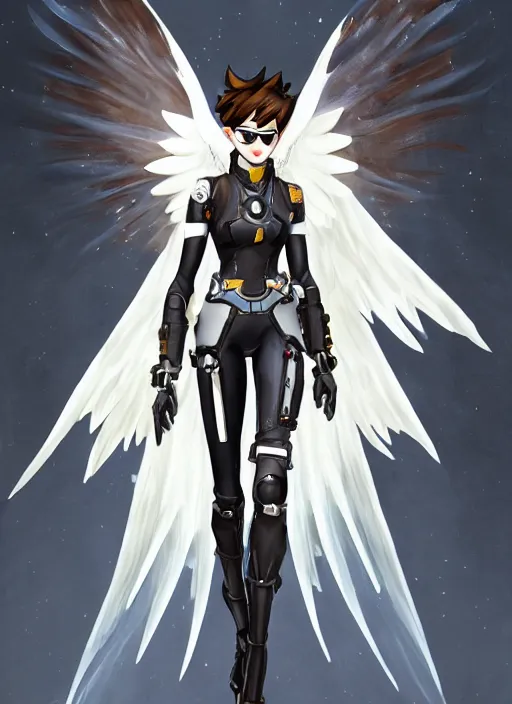 Image similar to full body of tracer overwatch, angel wings, dramatic painting, symmetrical composition, wearing detailed leather collar, black shiny armor, chains, black harness, detailed face and eyes,