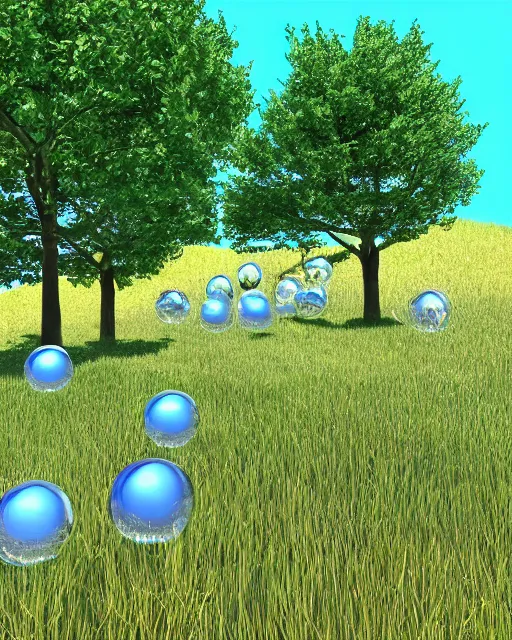 Prompt: glass orbs sit in a grassy scenic valley with blue skies, 3 d art, 1 9 9 0 s computer render