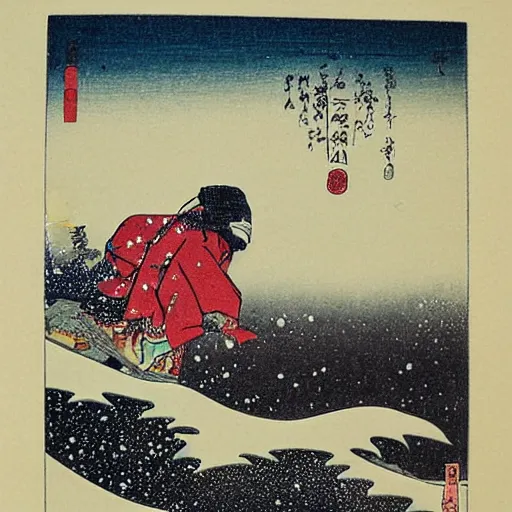 Image similar to snowboarder snowboarding woodblock print, style of hokusai, fine art, style of kanagawa, painting