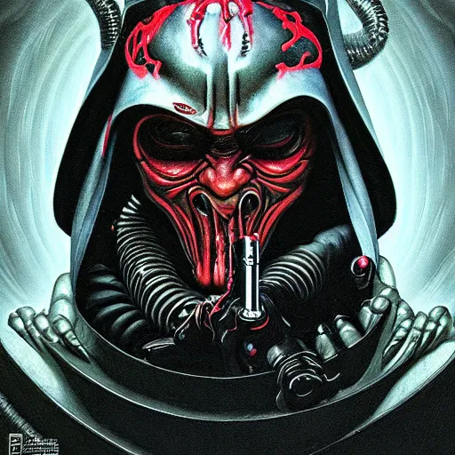 Prompt: doom demon giger portrait of sith lord, fire and flame, horns, lightsaber, Pixar style, by Tristan Eaton Stanley Artgerm and Tom Bagshaw.