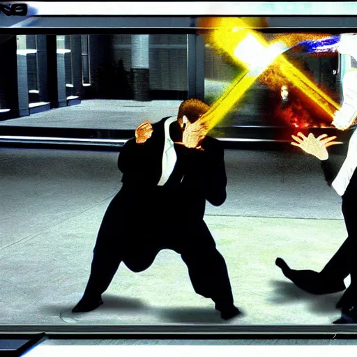 Image similar to neo fighting security. Matrix ` screenshot. Epic still.