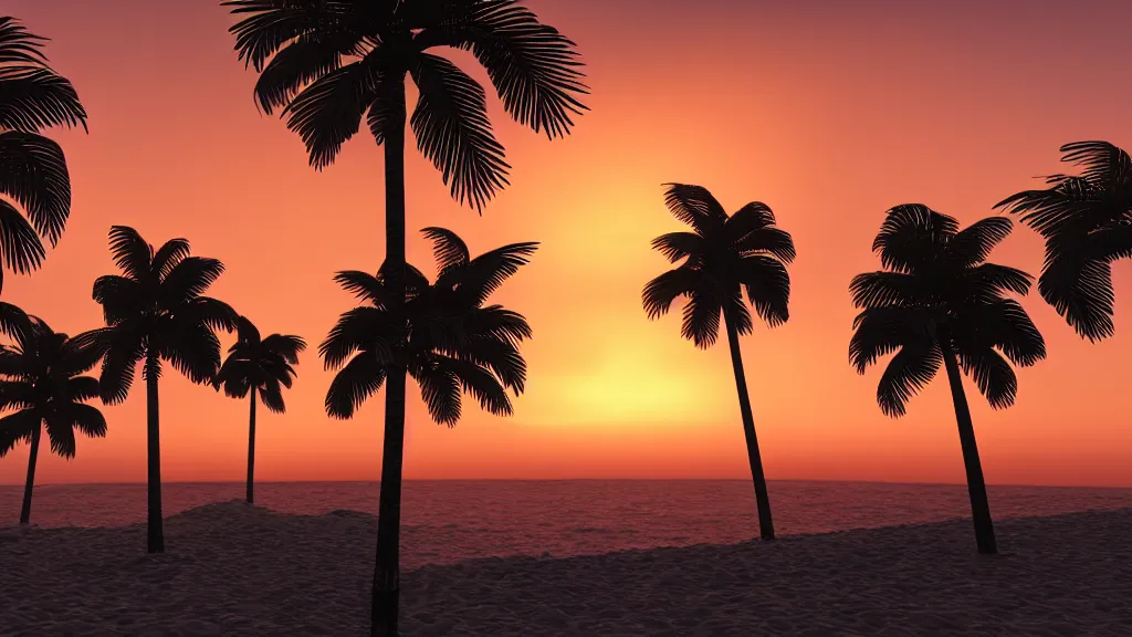 Image similar to sunset over a beach with palm trees, dramatic lighting, 8k uhd, raytracing, unreal engine, octane render, picturesque, extremely detailed