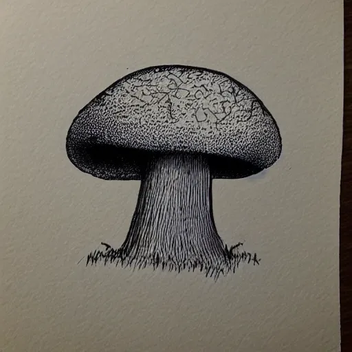 Image similar to mushroom, sketch, illustration, cross hatched, black ink on white paper