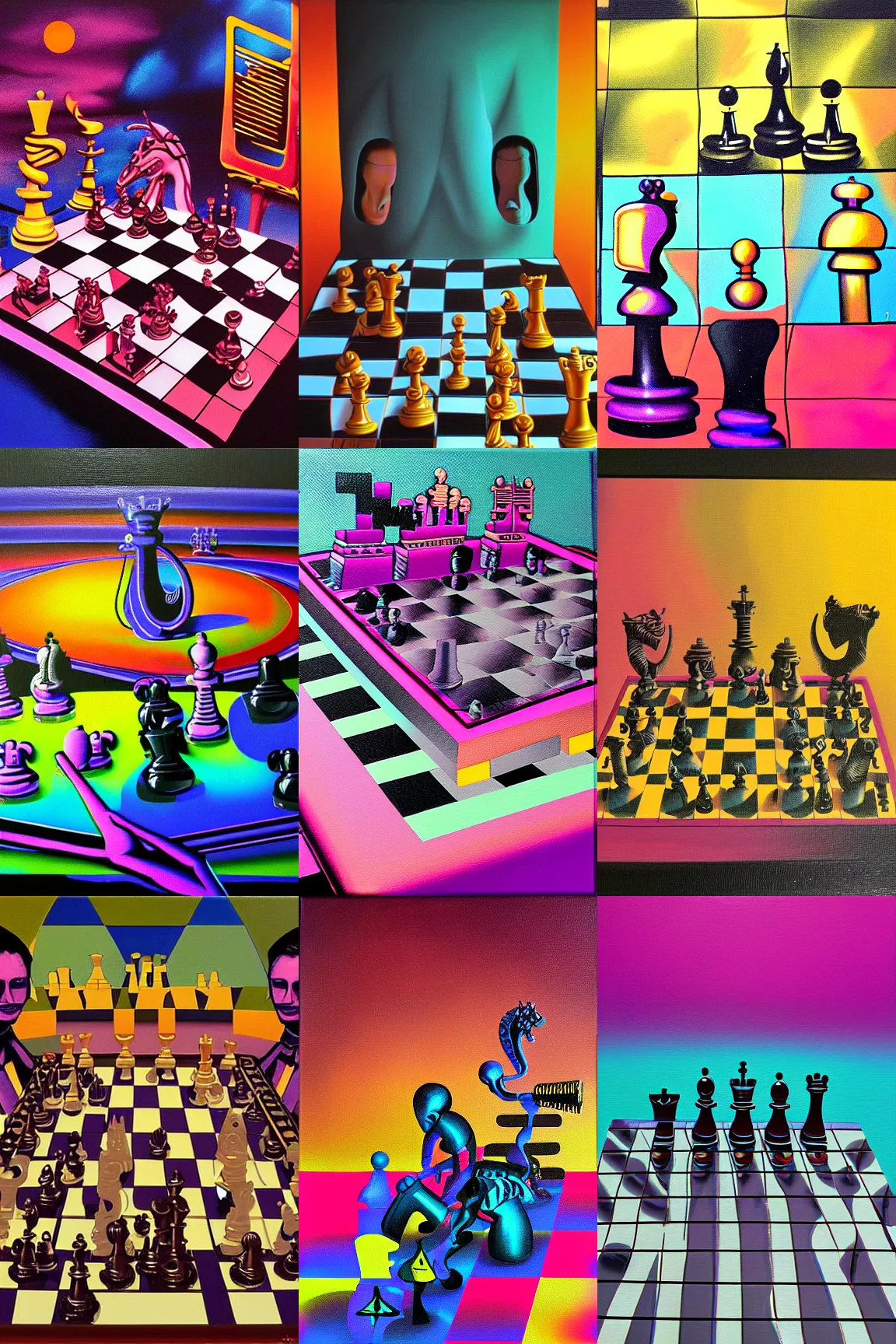 Prompt: surreal chess, extreme detail, 80s style synthwave, lofi colors, oil on canvas