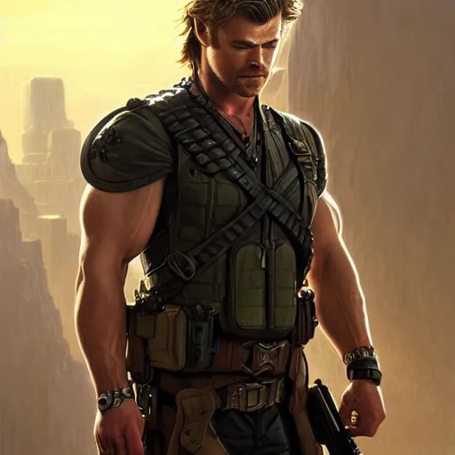 Image similar to Chris Hemsworth as Solid Snake, western, D&D, fantasy, intricate, elegant, highly detailed, digital painting, artstation, concept art, matte, sharp focus, illustration, art by Artgerm and Greg Rutkowski and Alphonse Mucha