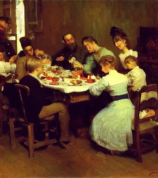 Image similar to high quality high detail painting by ilya repin, family dinner, hd