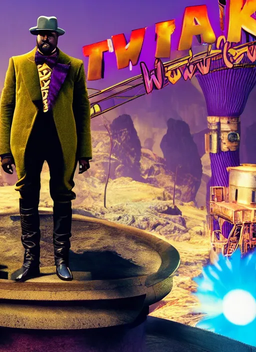 Image similar to Kanye West as willy wonka in fallout new vegas, splash art, movie still, cinematic lighting, dramatic, octane render, long lens, shallow depth of field, bokeh, anamorphic lens flare, 8k, hyper detailed, 35mm film grain
