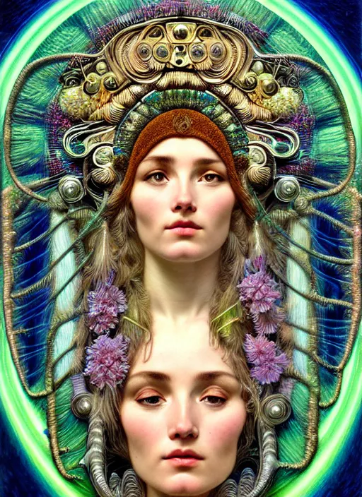 Image similar to hyperrealistic detailed face portrait of the beautiful goddess of the northern lights with an intricate headgear of a beautiful landscape, art by ernst haeckel, john william godward, android jones, alphonso mucha, h. r. giger, gothic - cyberpunk, ornamental, dimmed pastel colours,